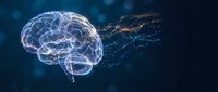 Digital brain with glowing neural networks and data particles streaming on dark blue background for artificial intelligence and technology concepts.
