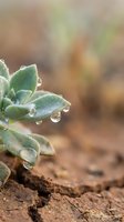 Succulent plant with water droplets on fuzzy green leaves growing from dry soil, suitable for nature, gardening, and environmental design projects.