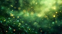 Magical green bokeh background with golden glowing particles and light effects, perfect for festive designs, holiday cards, and luxury promotional materials.
