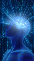 Glowing blue digital brain inside translucent human head profile with radiating light beams and binary code background representing artificial intelligence and mind technology.