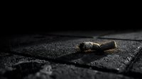 Cigarette butt discarded on dark asphalt pavement creating environmental pollution and urban waste problem in moody atmospheric lighting.
