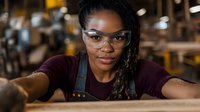 Young African American female mechanic wearing protective glasses and burgundy sweater working in auto repair garage, focused expression while examining equipment.