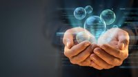 Hands holding glowing digital spheres with data streams, representing technology innovation, cloud computing, and global network connectivity for business solutions.