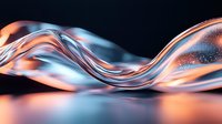 Flowing liquid metal wave with orange and blue gradient colors against dark background creates dynamic abstract composition with reflective surface and light effects.