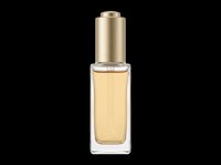 Elegant perfume bottle with pale yellow liquid and brushed gold cap, isolated on transparent background, ready for cosmetics packaging design, product mockups, beauty marketing materials, and e-commerce use.