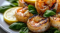 Grilled jumbo shrimp seasoned with pepper and herbs, garnished with fresh basil leaves and lemon slices on white plate, macro food photography.