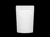 White stand-up pouch with zipper closure, isolated on transparent background. Blank packaging mockup ready for branding, print on demand, and product design use.