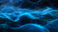Abstract digital blue wave landscape with glowing particles and flowing grid lines creating futuristic technology terrain for background design.