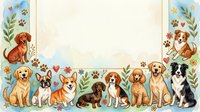 Adorable dog breeds border frame with paw prints and floral elements on cream background for pet-themed designs and greeting cards.