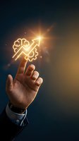 Hand holding glowing neon brain and upward arrow icon symbolizing innovation, growth strategy, and business intelligence for corporate success and development.