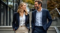 Young Caucasian business professionals in formal attire sharing joyful moment outdoors. Confident man and woman in navy suits walking and laughing near office building.