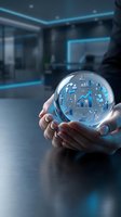 Businessman hands holding glowing crystal ball with financial data analytics charts and graphs in modern office for business forecasting and planning.
