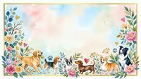 Watercolor floral frame with cute dogs including golden retriever, beagle, corgi and border collie, pastel flowers, hearts, copy space center.