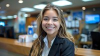 Young professional woman in business attire with bright genuine smile and long wavy blonde hair against blurred office background, representing success and confidence.