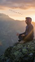 Young man meditating on mountain rock at sunset with birds flying overhead in peaceful spiritual moment for mindfulness and wellness concepts.