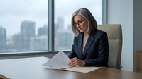 Professional mature businesswoman with glasses reviewing documents at modern office desk with city skyline view through large windows.