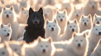 Striking contrast of black wolf among white wolves in mystical glowing light, creating dramatic wildlife scene with pack of arctic wolves in snowy environment.