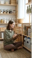 Young woman organizing pantry inventory with clipboard in sustainable zero waste kitchen with wooden shelves and glass jars for meal planning.
