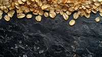 Golden oats scattered along top border on dark stone or slate background with copy space, creating rustic contrast for food photography and design layouts.