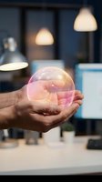 Hand holding glowing pink crystal sphere in modern office workspace with warm pendant lighting, representing innovation, technology, and future vision for business concepts.