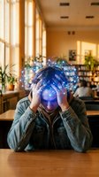 Young man experiencing mental overload with glowing brain neural networks in modern library setting for stress and burnout concepts.