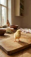 Young yellow chick standing on wooden cutting board in rustic kitchen with natural window light, ceramic bowls, and dried herbs for farm lifestyle and spring themes.