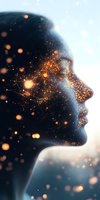 Silhouette profile with glowing particles and network connections creating ethereal double exposure effect against blue background. Concept of artificial intelligence.