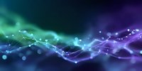 Abstract network visualization with flowing turquoise and purple light waves, connected dots and lines creating dynamic motion effect on dark background.