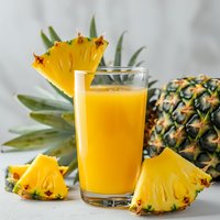 Fresh pineapple juice in glass with sliced tropical fruit and whole pineapple on light background, natural organic beverage for healthy lifestyle.
