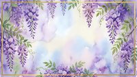 Watercolor wisteria flowers frame with purple blooms and green leaves on soft pastel background for spring wedding invitations and romantic designs.