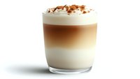 Layered coffee drink with whipped cream and cocoa powder in clear glass showing distinct gradient of coffee, milk and foam on white background.