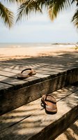 Leather flip flops on a rustic wooden deck by a tropical sandy beach with palm trees and ocean horizon on a sunny day.