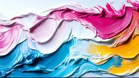 Vibrant acrylic paint strokes in pink, blue, yellow and white creating dynamic flowing waves with thick impasto texture for creative design projects.