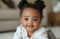 Adorable African American baby girl with natural curly hair in space buns wearing white plaid shirt smiles joyfully at camera, showing pure happiness and innocence.