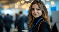 Young professional woman with wavy brown hair holding coffee cup smiles warmly at business conference, wearing black blazer against blurred background with bokeh lights.