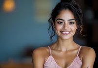 Young mixed race woman with natural makeup and messy updo hairstyle wearing pink top smiling warmly at camera against blurred background.