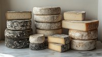 Artisanal cheese wheels and blocks stacked on rustic wooden surface, featuring aged varieties with natural rinds for gourmet food photography and culinary content.