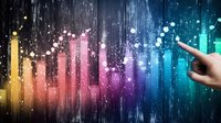 Colorful digital equalizer bars with glowing particles and pointing hand against dark background, representing music visualization and audio technology.