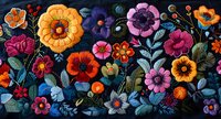 Vibrant folk art floral composition with colorful blooms in orange, pink, and purple against dark background, featuring stylized leaves and decorative botanical elements.