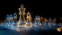 Glowing chess pieces on dark background with magical bokeh lights and blue sparkles create dramatic atmosphere for strategy and leadership concepts.