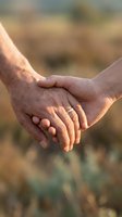 Senior couple holding hands outdoors in warm sunlight showing love, commitment and togetherness in golden hour light for relationship concepts.