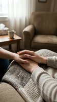 Couple holding hands in cozy living room showing love, support and connection in warm home environment for relationship and family concepts.