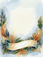 Watercolor floral frame with golden ribbon banner and decorative leaves in blue, green, and terracotta tones, copy space for text.