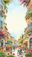 Watercolor Mediterranean street scene with colorful flowers, market stalls, cyclists, and charming architecture, framing a white copy space area.