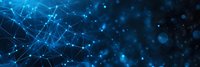 Glowing blue network connections and dots forming abstract digital mesh structure against dark background, panoramic technology concept.