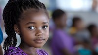 Young African American girl with braided hair and purple shirt smiling warmly at camera in classroom setting, representing education, learning and childhood development.