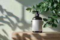 Minimalist cosmetic bottle mockup with blank label on wooden surface, natural sunlight casting leaf shadows, green plant decoration for beauty product.