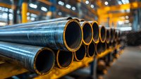 Steel pipes stacked in industrial warehouse facility for construction and infrastructure projects with warm lighting and manufacturing environment.