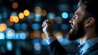 Smiling bearded businessman in suit celebrating success against blurred city lights background at night, expressing joy and achievement in urban setting.