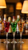 Three colorful cocktails with dynamic splashes in champagne flutes on bar counter. Red, green and amber liquids create vibrant motion effect in elegant glassware.